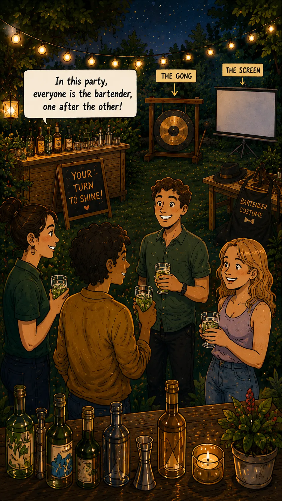 The garden is ready: the bar, the gong, the screen and the bartender costume.