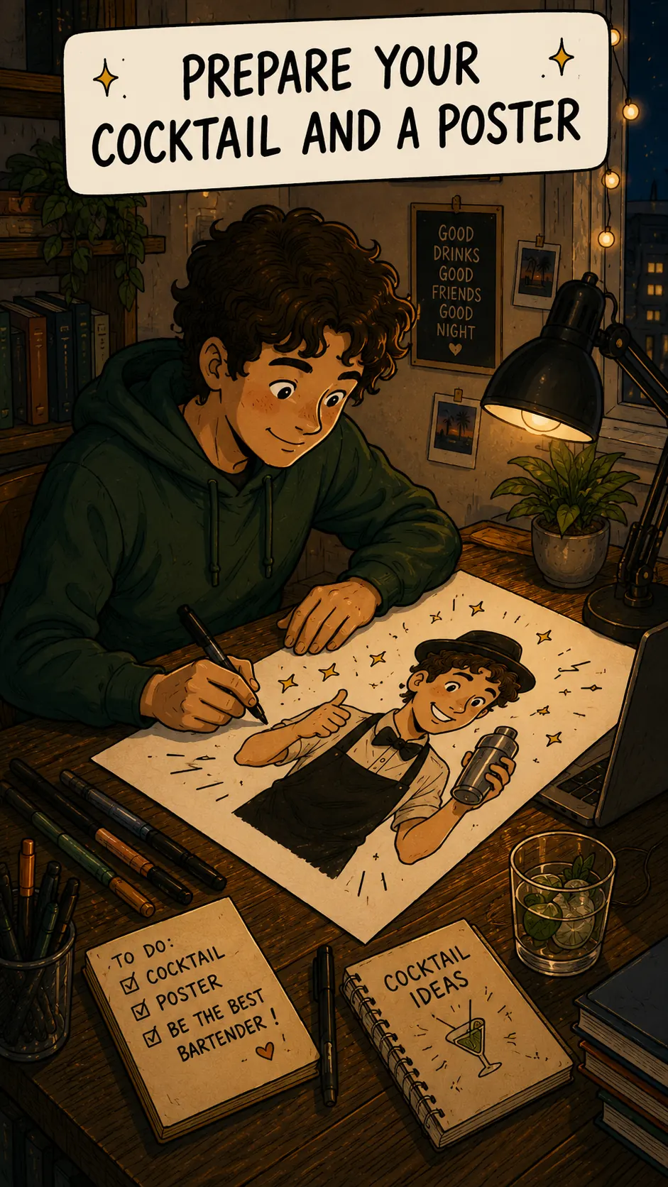 Everyone prepares their poster, drawn by hand at the table.